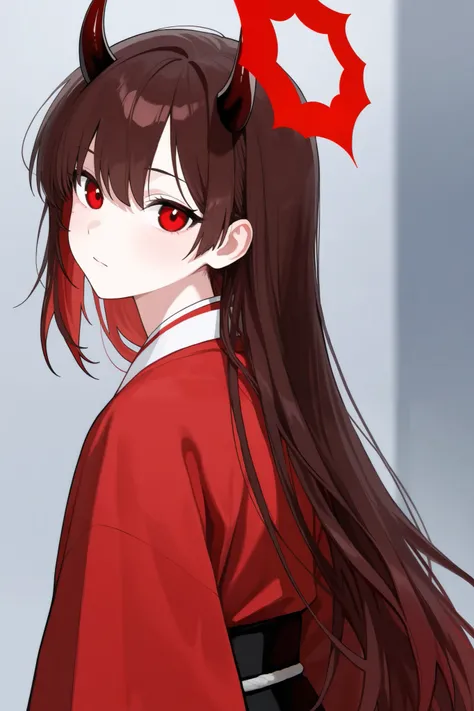 1 girl, Hair length reaches the back, Brown hair and red hair on the edges of the hair, red eyes, but not bright, wear a samurai outfit, หน้าอกไซส์ปานกลาง, have a red halo, have a devil's horn