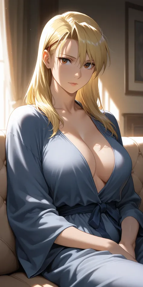 Masterpiece, mature woman, riza hawkeye, slim, upper body, nigh robe, sit on sofa, ultra detailed, highres, absurdres, best quality, dynamic lighting, home, portrait, semi realistic