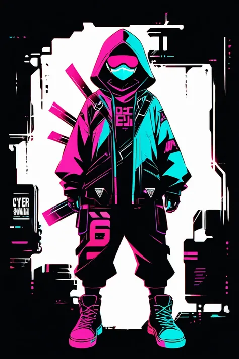  cyberpunk ninja action novel。solo ninja 。((white background illustration ))。(( full body illustration))。(( standing))。Cyber Sunglasses。 two-tone 。casual ninja costume。