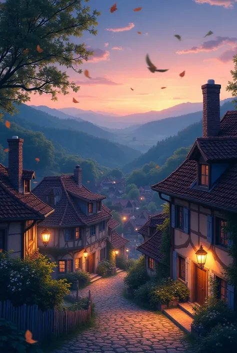 Medieval European cityscape at dusk, Horizontal Line, glitter effect ,Leaves riding in the wind,curve effect,, anime-style ,village