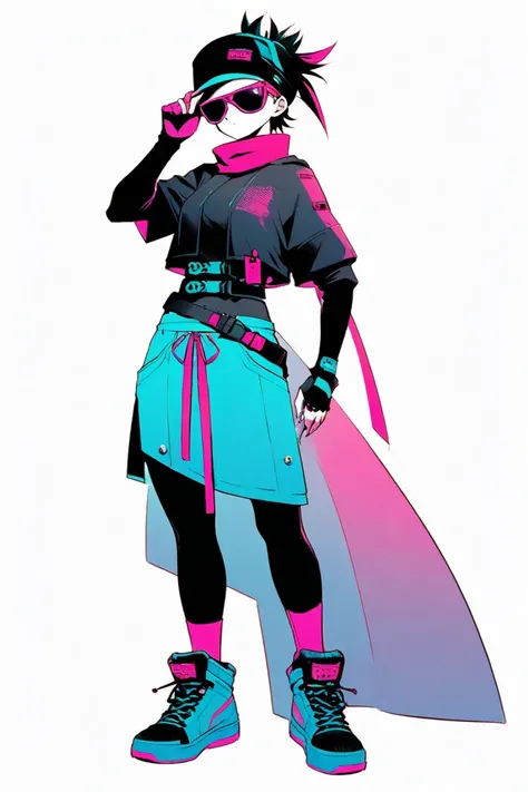  cyberpunk ninja action novel。solo ninja 。((white background illustration ))。(( full body illustration))。(( standing))。Cyber Sunglasses。 two-tone 。casual ninja costume。