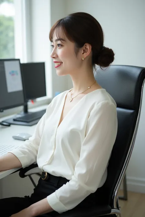 Profile, sitting on a chair , IT company general manager, beautiful young Korean woman , 30-age ,( intelligence face, light brown chignon hair, fringe, beautiful brown eye, red lips, smile ), ( gold earrings , gold necklace),( D cup breasts, Middle Hip) ,(...