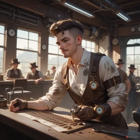 Steampunk coal factory full of dirty workers working