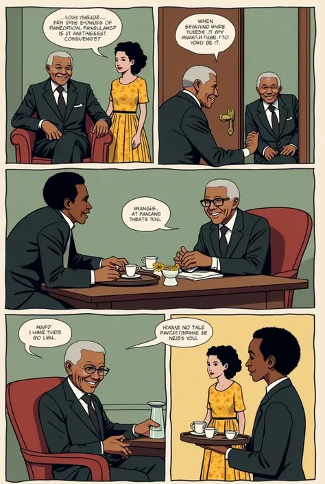 make a comic strip

Nelson mandela was a black man with white hair and he is wearing a black suit.
John Carlin is a white man, chubby, and has long black curly hair, he is also wearing an eyeglasses, he is wearing a white long sleeve.
the white girl is an ...