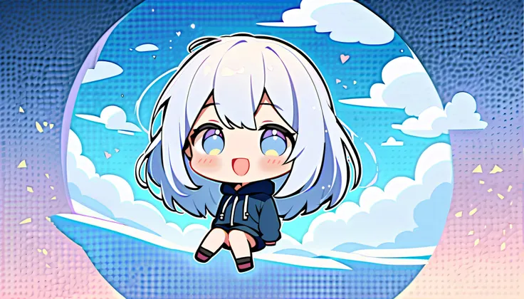 2D, cute, CHIBI, 
Looking at the audience, 
One Girl, alone, 
(silver long hair) and (silver eyes), hoodie, 
whole body,  
happy, heartwarming, floating above the clouds, 