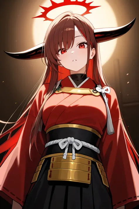 1 girl, Hair length reaches the back, Brown hair and red hair on the edges of the hair, red eyes, but not bright, wear a samurai outfit, หน้าอกไซส์ปานกลาง, have a red halo, have a devil's horn