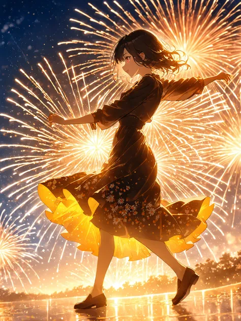  1 girl in the best，profile， sideways， Full body exposure，，Red pupils， glossy black hair，fireworkが咲き誇る，色とりどりのfirework，firework，Daisy， floating in the sky， brighter，Cheerfulness， warm and soft lighting， evening ，green，Light clouds， Action Painting, 