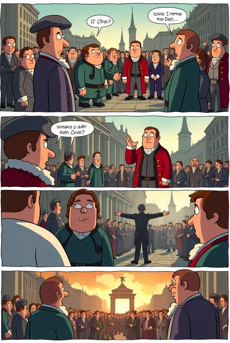 A 7 panel comic strip of a french revolution, in a style of family guy, HD 14k