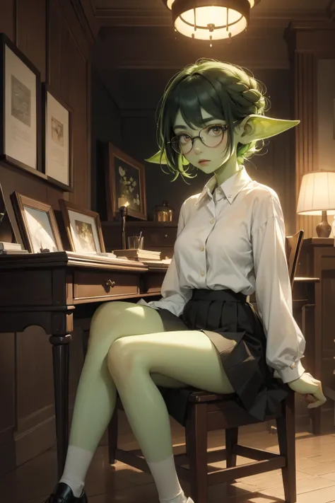 (( best quality)), (( masterpiece)), ( detailed), Perfect face,  3 feet tall wearing a white button down shirt and black skirt, green skin,  pointy ears , wearing black thigh high socks, and black shoes, very shy,  sitting in an office chair , dark room wi...