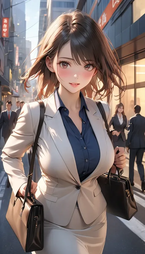 beautiful young business woman in her 20s, office lady, hurrying to work, late for work, lively expression, detailed face, studio lighting, photorealistic, 8k, high quality, ((elegant office attire)), hand bag, large breasts, city street background, mornin...