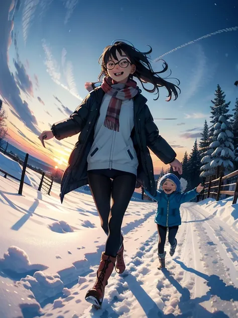 masterpiece， best quality， high resolution ，( Super Flats  ，  flat shading  )，Glasses， fisheye lens， beautiful black hair，Adorable young mother and cute little daughter:1.25，  warm scarf  ，  down jacket， pantyhose，( naked)，  long hair，  boots，smile, smile，...