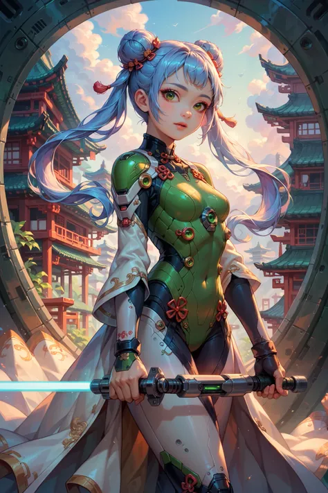 Best quality, beautiful (Asian:2) woman, light blue hair,pigtails, hair buns,Green eyes,Colossal ,White Cybersuit,Bodysuits, holding lightsaber, sci-fi boots, spaceship at the background in the space