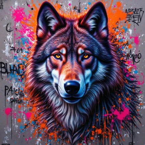 "Create a vibrant street art-style illustration of a wolf, blending realism with abstract graffiti elements. The wolf should be painted in bold neon colors, such as pink, orange, and blue, contrasted against a chaotic urban background filled with layered g...