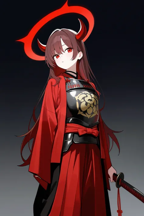 1 girl, Hair length reaches the back, Brown hair and red hair on the edges of the hair, red eyes, but not bright, wear a samurai outfit, หน้าอกไซส์ปานกลาง, have a red halo, have a devil's horn