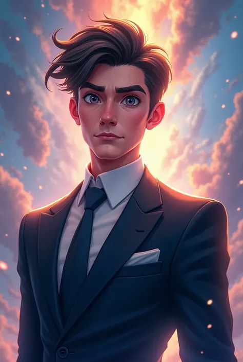 Picture a transcendent being with abilities close to God, in the form of a man, and the clothes, suit, and face in a handsome way; the style is animated