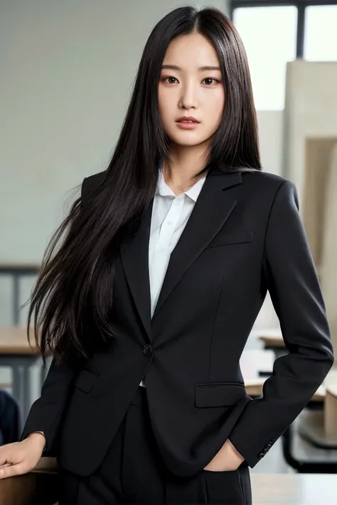  high resolution,  1 woman, solo,  full view from head to toe, front, upright, 37 years old, teacher,  long hair,  black hair,  realistic skin and texture , black suit and pants , school classroom,  realism ,