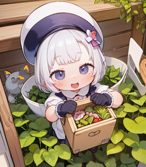  score_9、 score_8_  up、 score_7_  up、masterpiece， best quality，１ cute girl、 bouncing low twin ，Hot bangs  、 work clothes with fur  、 Mini Hat 、 gloves、  boots、  miniature rabbit delivery man is delivering vegetable boxes 、 Happy smile、  complete box  、Puzz...