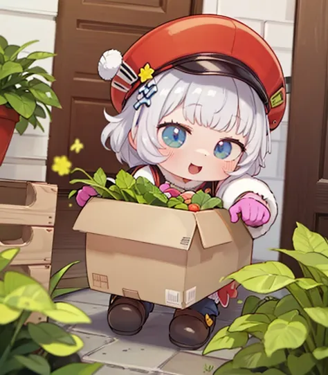  score_9、 score_8_  up、 score_7_  up、masterpiece， best quality，１ cute girl、 bouncing low twin ，Hot bangs  、 work clothes with fur  、 Mini Hat 、 gloves、  boots、  miniature rabbit delivery man is delivering vegetable boxes 、 Happy smile、  complete box  、Puzz...