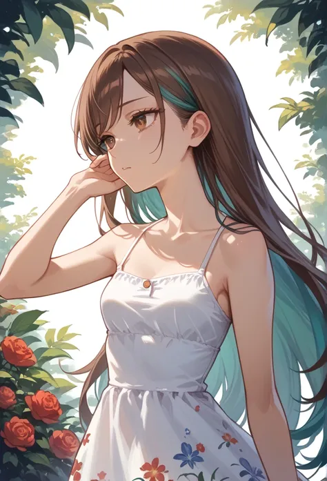 
(Masterpiece, best quality), intricate details, JK,tired girl, thin, from side , highly detailed, intricate details, expressionless girl, ((very long hair, brown hair, hair with teal highlights, brown eyes, long swept bangs)), looking away, yawn, arms up,...