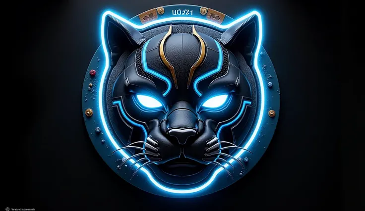 "A bold and intricate new design for the Black Panther logo, combining the mechanical, industrial elements of steampunk with the sleek, futuristic aesthetics of cyberpunk. The logo features a stylized panther’s head, its eyes glowing with neon blue light, ...