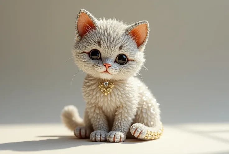 You are a professional jeweler. Make one kitten with a minimum number of clear diamonds, citrine and black diamonds.