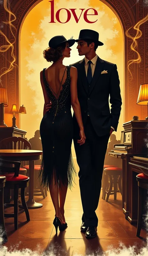 Create a sketch drawing that features a detailed silhouette of a beautiful woman,  man is walking with her embodying the elegance of the 1920s. with prominently display the slogan "LOVE"
" in bold, She should be dressed in a glamorous flapper-style dress, ...