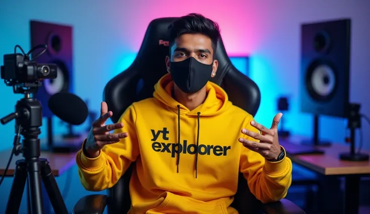 "An Indian man sitting confidently on a modern gaming chair in his YouTube studio. He is wearing a bright ,  yellow hoodie with 'yt explorer 'boldly printed on it. His face is clearly visible and expressive despite wearing a sleek black COVID-19 mask. The ...