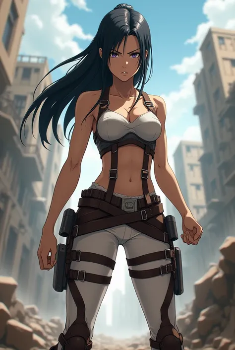 Imagine a battle pose of a woman from the anime ATTACK ON TITAN.