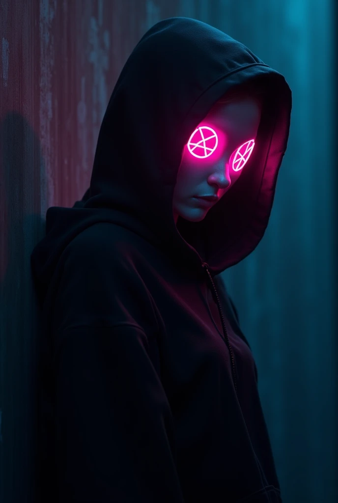 faceless girl in black hoodie with neon lights mask