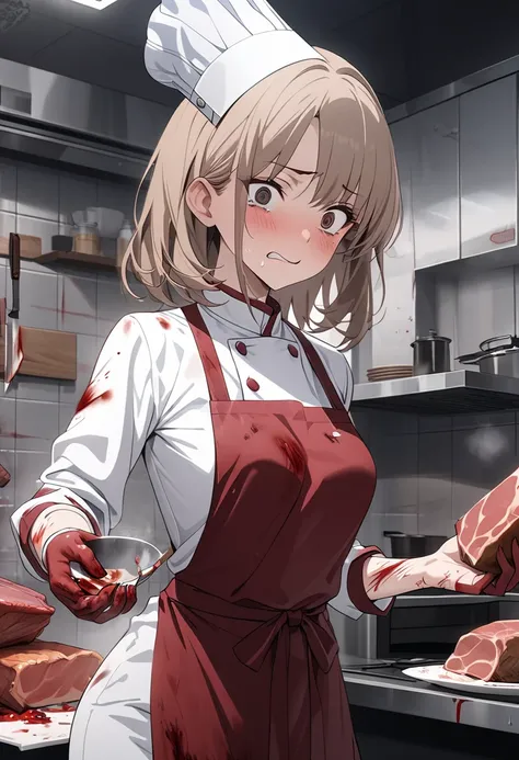 ((masterpiece,  accurate,  Textured Skin,  more details,  high quality,  high details,  high resolution, 最 high quality))， 1 girl in the best，( Long Light Brown Hair ， Princess Cut Hairstyle ，紫色の目，Worried brow)，( Plane)，( Dark Red Apron Dress，Chef&#39;s ha...