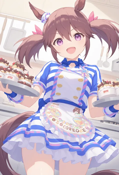 very awa, masterpiece, best quality, newest,  highres, absurdres、Hishi Akebono、Hishi Akebono　Uma Musume、 1 、 shiny dark brown hair、 Twin Tails、 is opening her mouth、smile、Costumes with various sweets printed on them、 kitchen、 fun vibe 