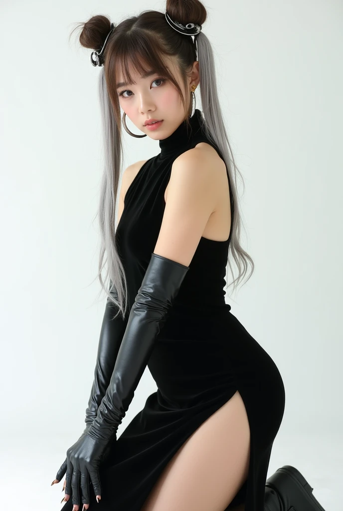 ＡJapanese woman with a very beautiful beauty like an actress
Set against a clean, white studio backdrop, a young woman strikes a dynamic pose while wearing a sleek, black outfit that combines elements of both modern fashion and costume styling. Her sleevel...