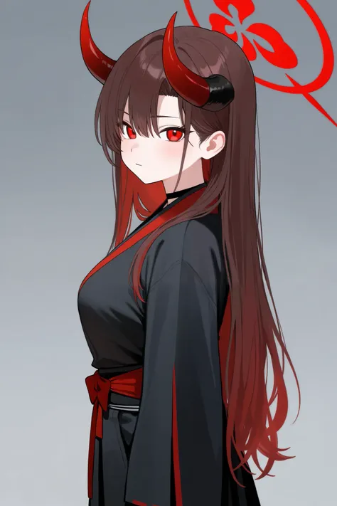 1 girl, Hair length reaches the back, Brown hair and red hair on the edges of the hair, red eyes, but not bright, wear a samurai outfit, หน้าอกไซส์ปานกลาง, have a red halo, have a devil's horn