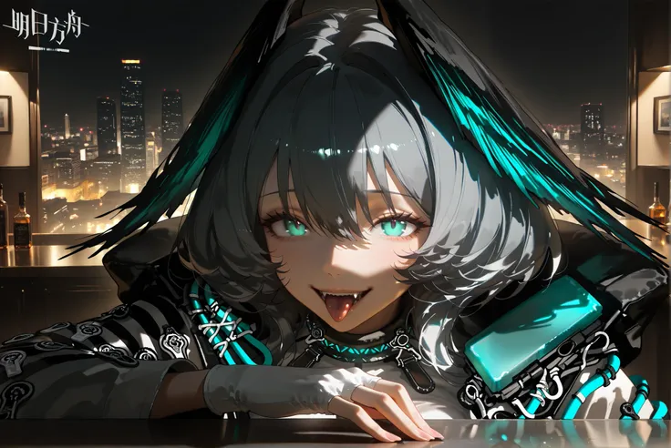 female,(((alone)))((Hoolheyak)),((Hoolheyak_\(arknights\))), Hoolheyak_\(arknights\), ,( beautiful eyes:1.5),open mouth, Alone, tongue, fingerless gloves, hood, tongue out, smile, grey hair, portrait, aqua eyes, hair between eyes, looking at viewer, i fang...