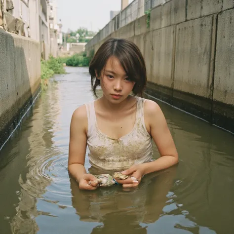  middle school girl,Short hair with visible ears, dirty white tank top, Snapshot, rough skin,Dirty Skin, I'm soaking my waist in an urban irrigation canal surrounded by concrete, taken from the side,I'm fishing for trash