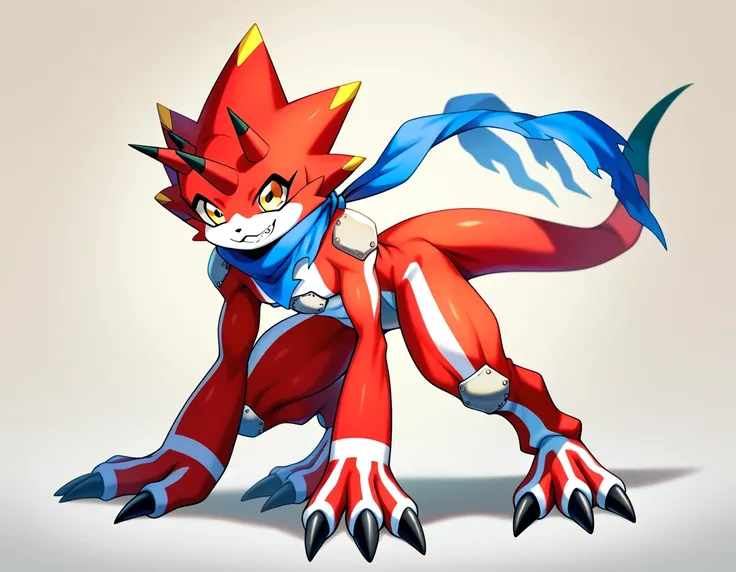 score_6_up,score_7_up, score_8, score_9, betelgammamon, digimon (creature), red skin, scarf, yellow eyes, standing, clenched teeth, smile, detailed body, detailed face, detailed eyes, full body, feets with three toes, thick outline, countershading, on knee...