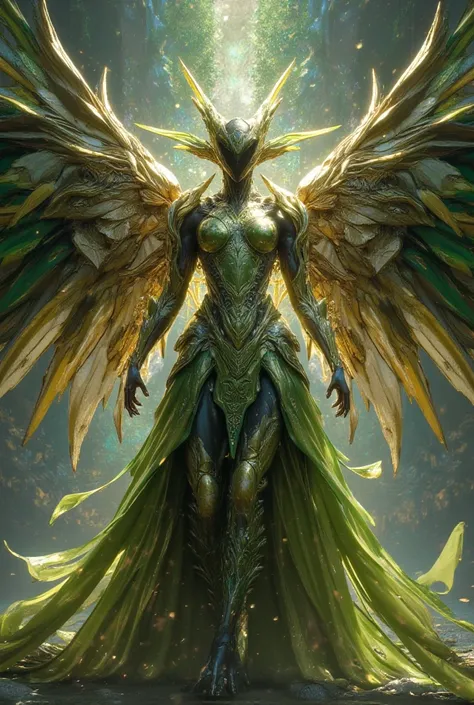 avian women, gold green feather large wing, cleric, magic, fantasy