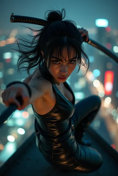 Cinematic photography, motion blur, a beautiful woman swinging a sharp katana, katana focus, she has messy black hair, she wear a sexy leather clothes, she jumping down from rooftop, set in night modern city, bokeh, vibrant lighting