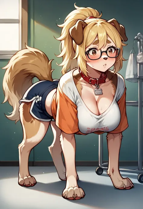 A few beautiful woman, transforming into a dog, beautiful brown eyes, (blonde ponytail hair:1.2). (Dog ears:1.2), (fluffy dog tail:1.3), dark brows, (large breasts:1.2), full lips, pale skin, messy hair, glasses, natural beauty, (four legged:1.2), (quadrup...