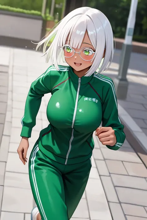    high quality, high detail, 4K,最 high quality, cowboy shot, 1 girl,  looking away, blush, cute_face,  winks, happy,(  high quality,white_ straight_hair,  short_hair,hair_ ver ), (white_ eyelashes,white_ round glasses､green_eye,   high detail_eye), white ...