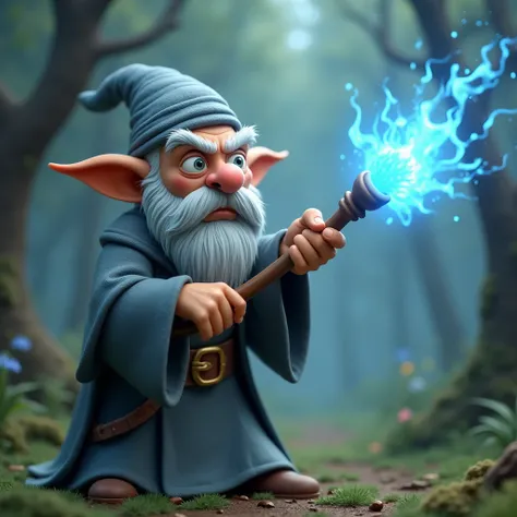 Create a clay-like cartoon character resembling a wise wizard such as Gandalf from Lord of the Rings. The wizard must resemble someone in fierce battle.  He must have a prominent gray robe. He must be aiming his staff pulsating with blue magic in a battle-...