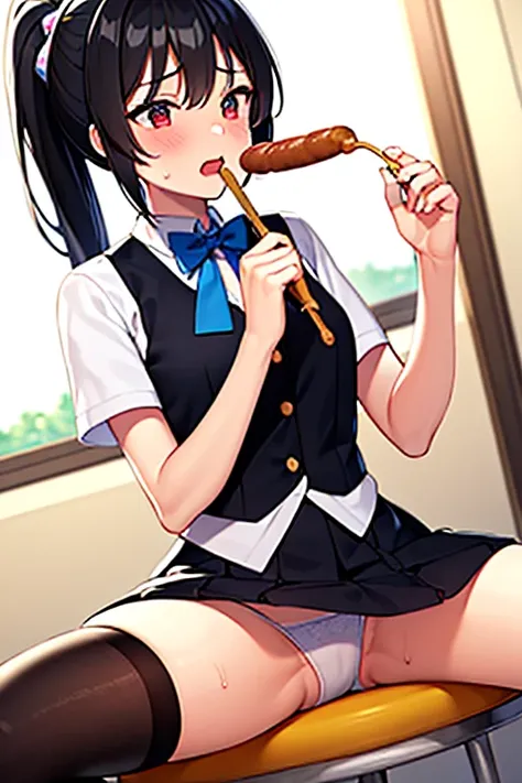  sit down　singing with both hands holding sausages　singing with a corn dog　座って足を開いて　focus on crotch　knee-high socks　best quality　anime　ponytail blackhair　sit　 Legs　Holding Frankfurt with both hands　Seize Frankfurt　 holding a microphone 　 singing　Holding a ...