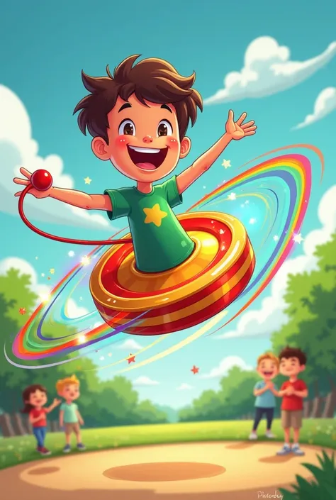 "A vibrant cartoon yo-yo spinning in mid-air, glowing with bright rainbow trails as it moves up and down. A joyful  in a green t-shirt is holding the string, laughing with excitement. The yo-yo has a cheerful, smiling face with twinkling eyes, and little s...