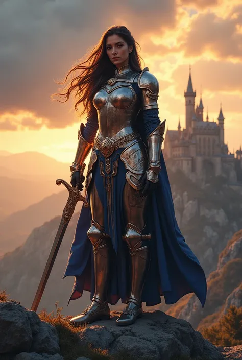 A sexy young brunette woman poses in a full suit of glossy, polished armor that reflects the vibrant colors of a sunset. The armor features a combination of bronze and deep blue accents, with a crest symbolizing her noble lineage. She stands atop a rocky c...