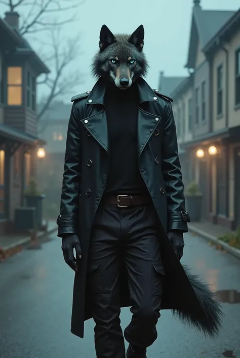  Ultra realistic full body art of a fully grown adult skinny slim dark grey male anthro wolf with a big bushy tail, some fur on his hands and claws on his fingers and blue eyes and wearing a black leather trench coat, a black turtle neck, black cargo pants...