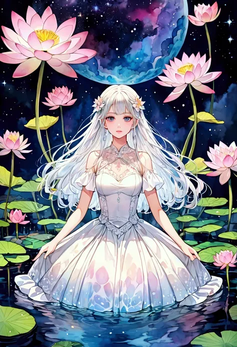  intense watercolor、Water Lily、 girl 、 beautiful face、 starry sky 、fog、white luminous dress 、 beautiful illustration art、 vivid color、