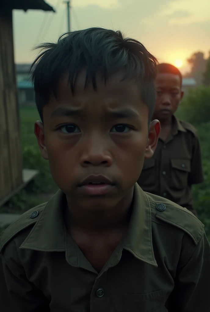 A tense early morning in Rengasdengklok; a modest house in a quiet village; dim sunrise casting warm hues; young Indonesian revolutionaries with determined faces; UHD, cinematic lighting, realistic expressions."