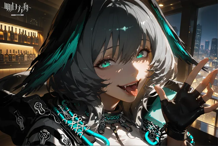 female,(((alone)))((Hoolheyak)),((Hoolheyak_\(arknights\))), Hoolheyak_\(arknights\), ,open mouth, Alone, tongue, fingerless gloves, hood, tongue out, smile, grey hair, portrait, aqua eyes, hair between eyes, looking at viewer, i fangs, ,,Photorealistic Ba...