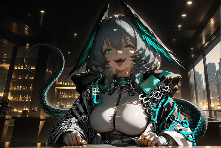 female,(((alone)))((Hoolheyak)),((Hoolheyak_\(arknights\))), Hoolheyak_\(arknights\), ,open mouth, Alone, tongue, fingerless gloves, hood, tongue out, smile, grey hair, portrait, aqua eyes, hair between eyes, looking at viewer, i fangs, ,,Photorealistic Ba...