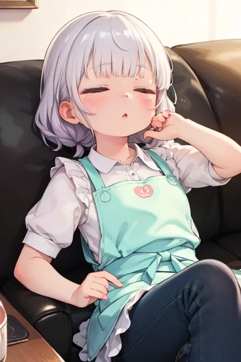 Mom wearing an apron sleeping on the couch while she is tired and holding her head